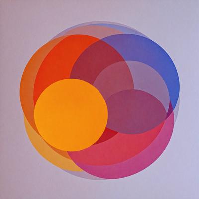 The primary subject of the image is a circle with a yellow center, surrounded by various other circles. The setting is a white background, and the visual style appears to be a combination of digital art and illustration. The dominant colors are yellow, orange, and purple, creating a warm and vibrant atmosphere.